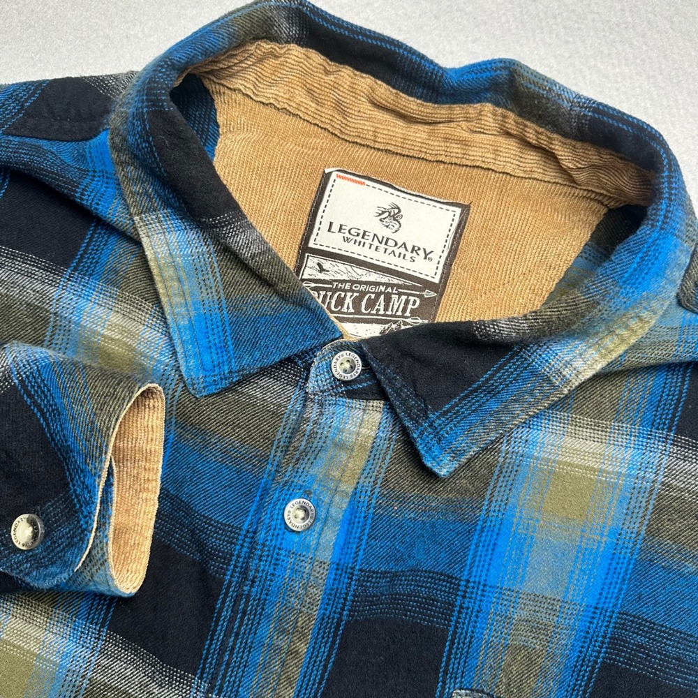 Legendary Whitetails Buck Camp Flannel Mens 3XL Blue Plaid Corduroy Trim Shirt